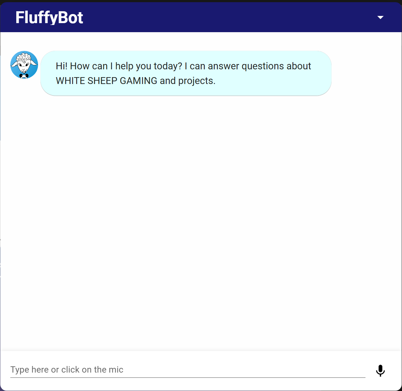 Example of window that comes up when pressing the chat icon. FluffyBot shows in the title, an avatar of a sheep appears to be talking. A space is available to type or microphone for input.