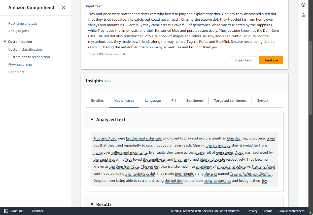 Amazong Comprehend analyzes the story summary that was provided to identify key phrasesa and sentiments.