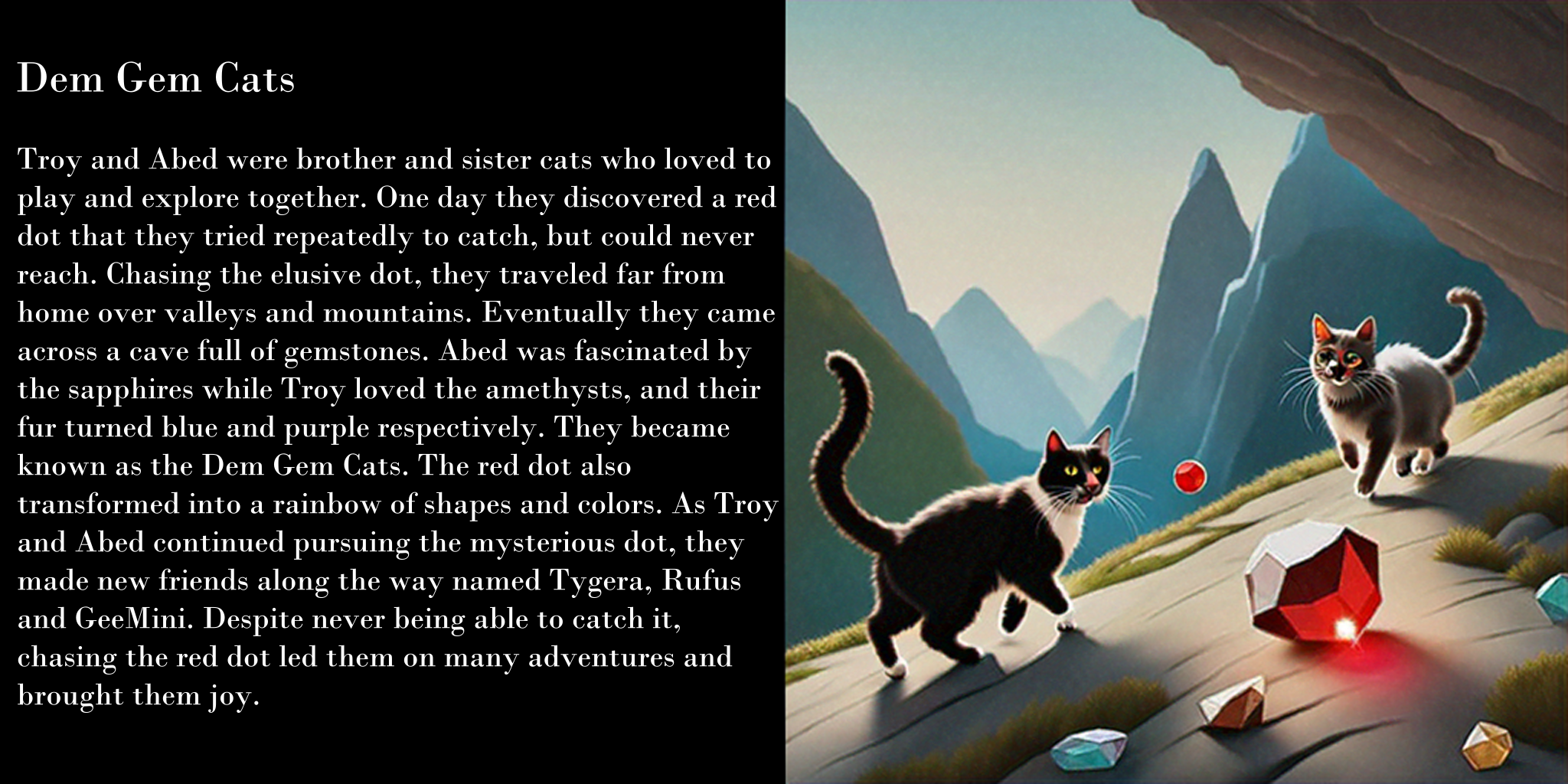 Story summary alongside generated picture. Troy and Abed were brother and sister cats who loved to play and explore together. One day they discovered a red dot that they tried repeatedly to catch, but could never reach. Chasing the elusive dot, they traveled far from home over valleys and mountains. Eventually they came across a cave full of gemstones. Abed was fascinated by the sapphires while Troy loved the amethysts, and their fur turned blue and purple respectively. They became known as the Dem Gem Cats. The red dot also transformed into a rainbow of shapes and colors. As Troy and Abed continued pursuing the mysterious dot, they made new friends along the way named Tygera, Rufus and GeeMini. Despite never being able to catch it, chasing the red dot led them on many adventures and brought them joy.